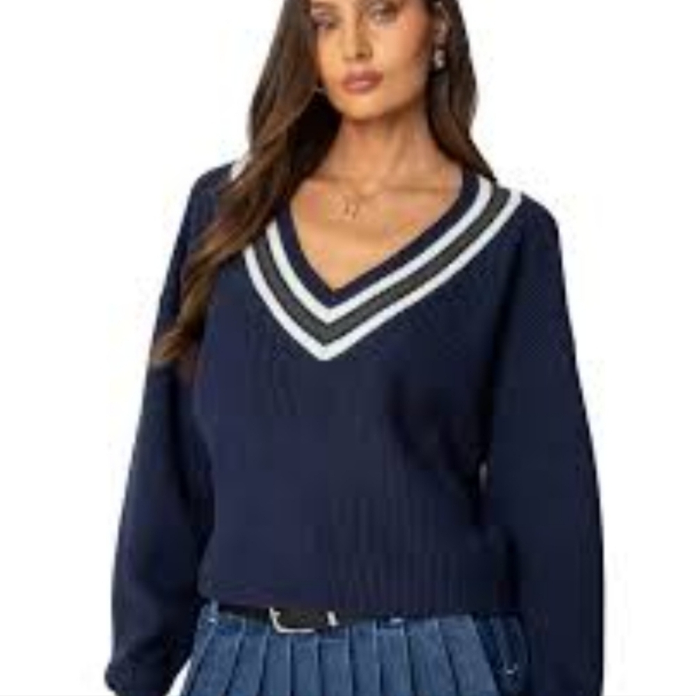 Navy and White V-Neck Women's Sweater